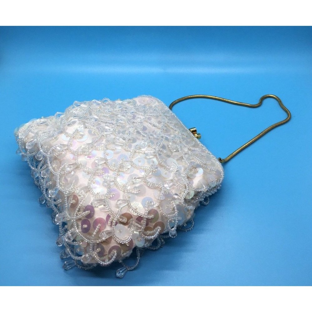 White Sequined Purse - 1960's Beaded Vintage Evening Bag